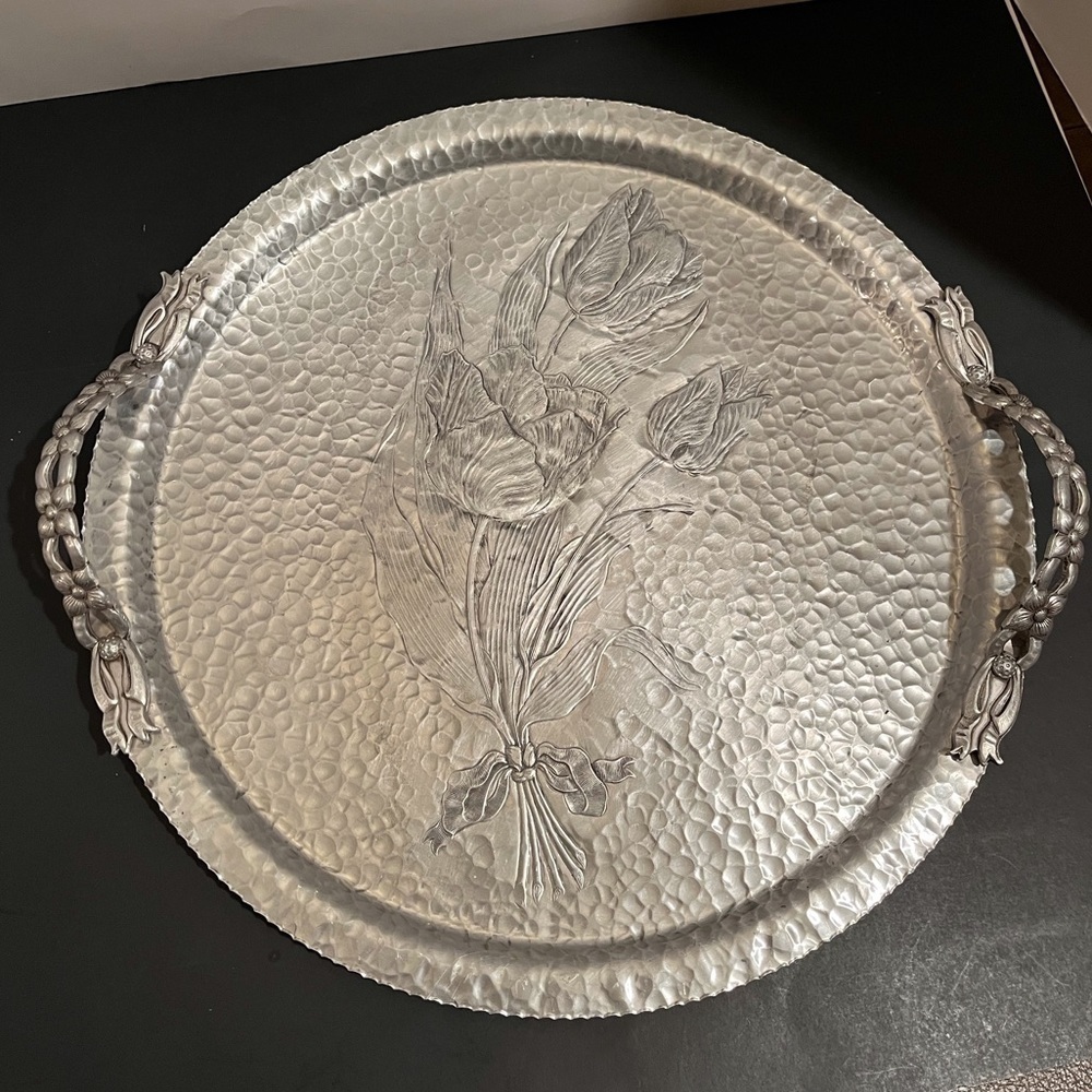 Mid-Century Hammered Aluminum Tulip Tray by Rodney Kent Hand Wrought Creations